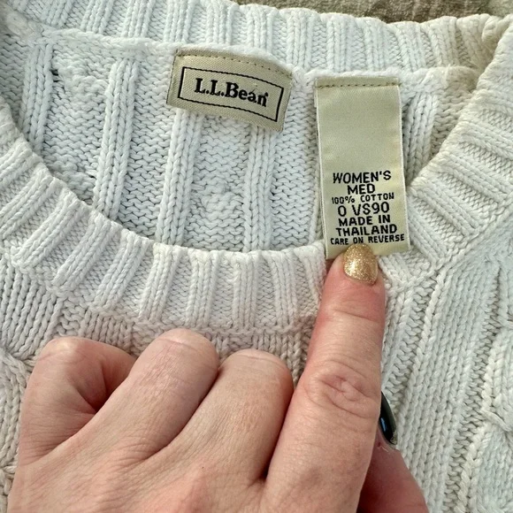 L.L. Bean Ivory Cable Knit Crewneck Sweater - Picture 2 of 6